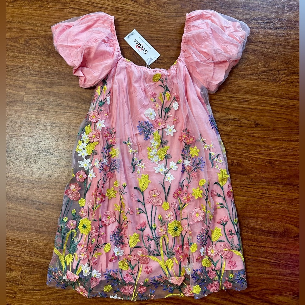 NWT GeeGee Floral Pink Puff Sleeve Dress - Picture 8 of 9